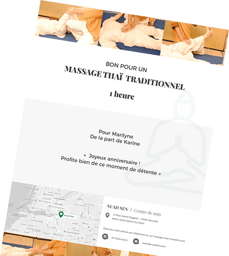 Exemple de bon cadeau proposé à NuadSen, centre de massage thaï traditionnel Nuad Boran à Marseille